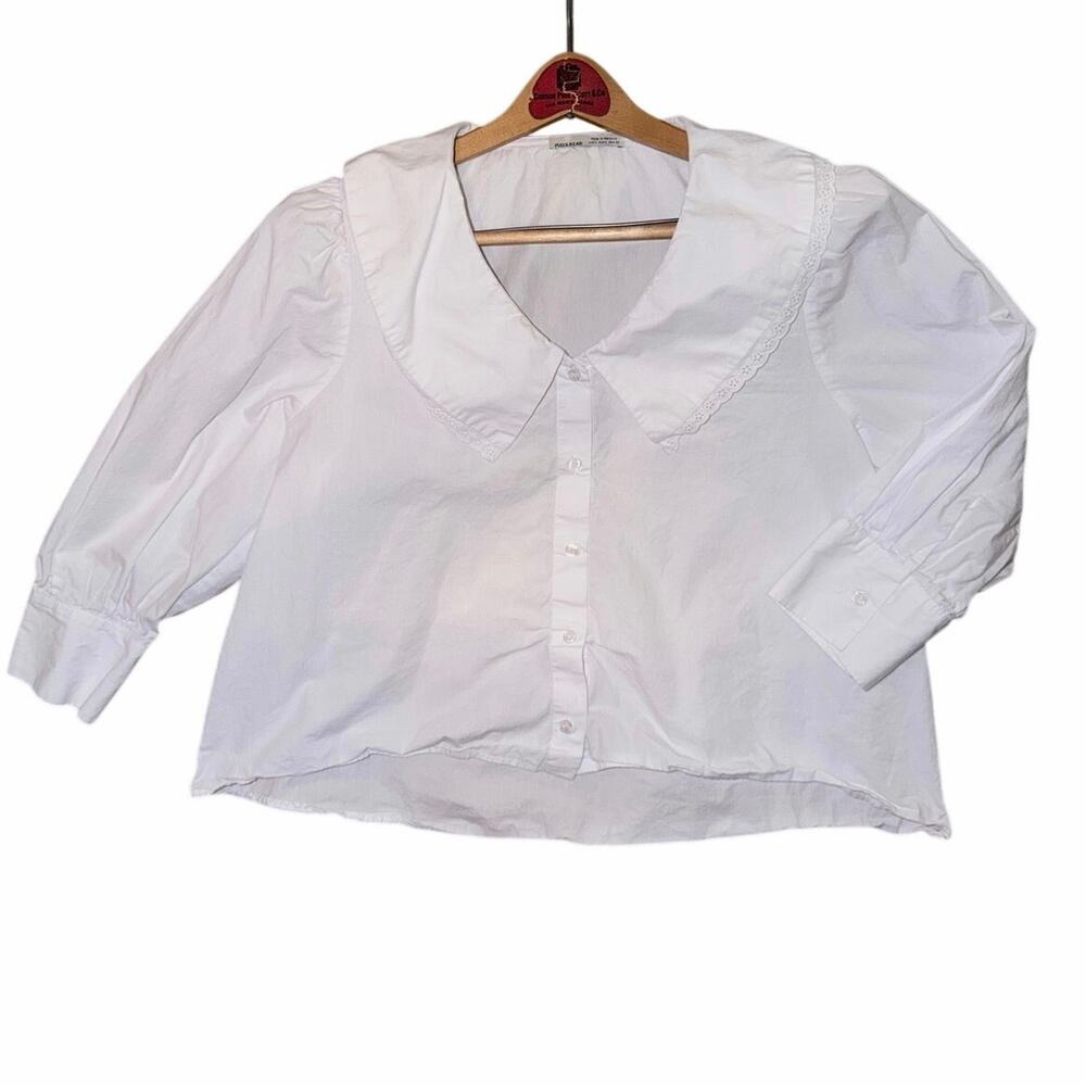 Pull & bear 100% cotton white button front blouse prairie collar cottagecore L